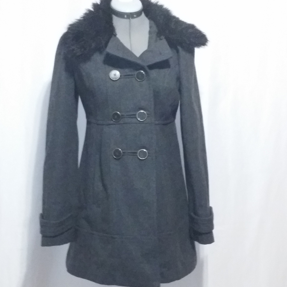 Anthro Tulle Dark Gray Pea Coat Jacket Faux Collar